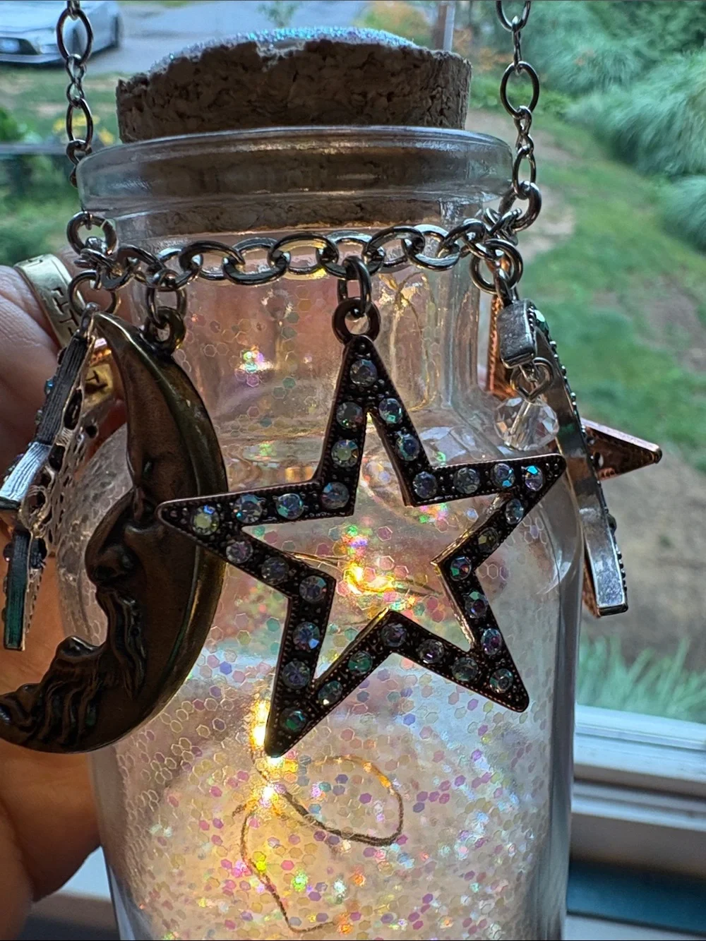 Kirk’s Folly Celestial Moon & Star Hanging Jar Lantern - Iridescent White